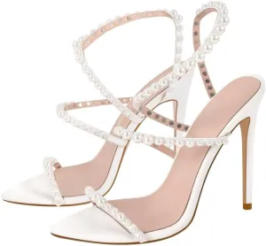 LISHAN Womens Pearl Stiletto High Heel Ankle Strap Buckle For Party Prom