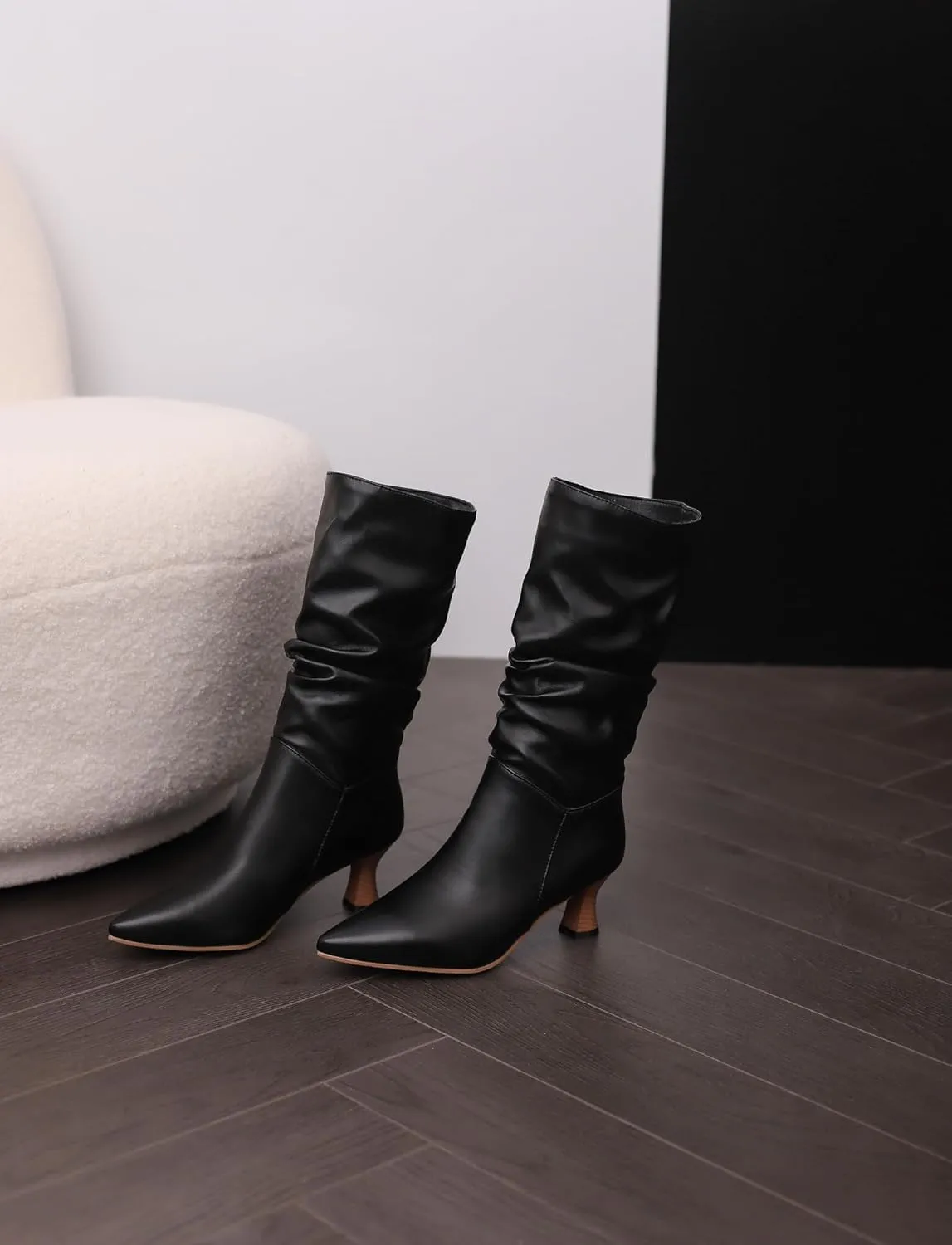 LISYIIZ Women's BS398 Classical Boots Closed Toe Comfort Pu Low Spool Mid Calf Boots