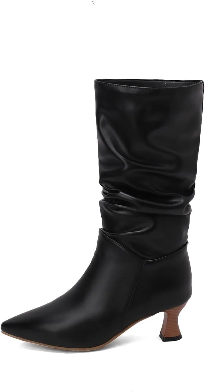 LISYIIZ Women's BS398 Classical Boots Closed Toe Comfort Pu Low Spool Mid Calf Boots
