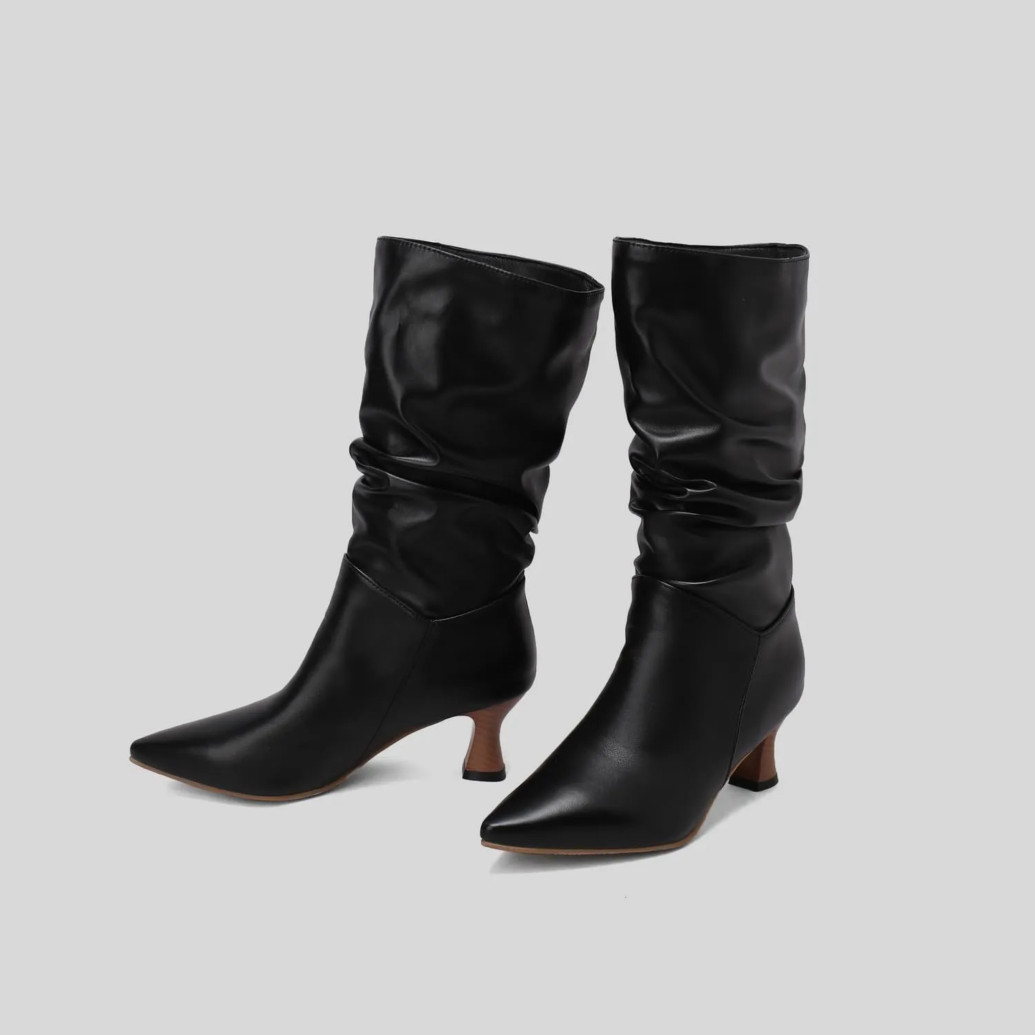LISYIIZ Women's BS398 Classical Boots Closed Toe Comfort Pu Low Spool Mid Calf Boots