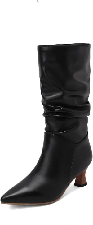 LISYIIZ Women's BS398 Classical Boots Closed Toe Comfort Pu Low Spool Mid Calf Boots