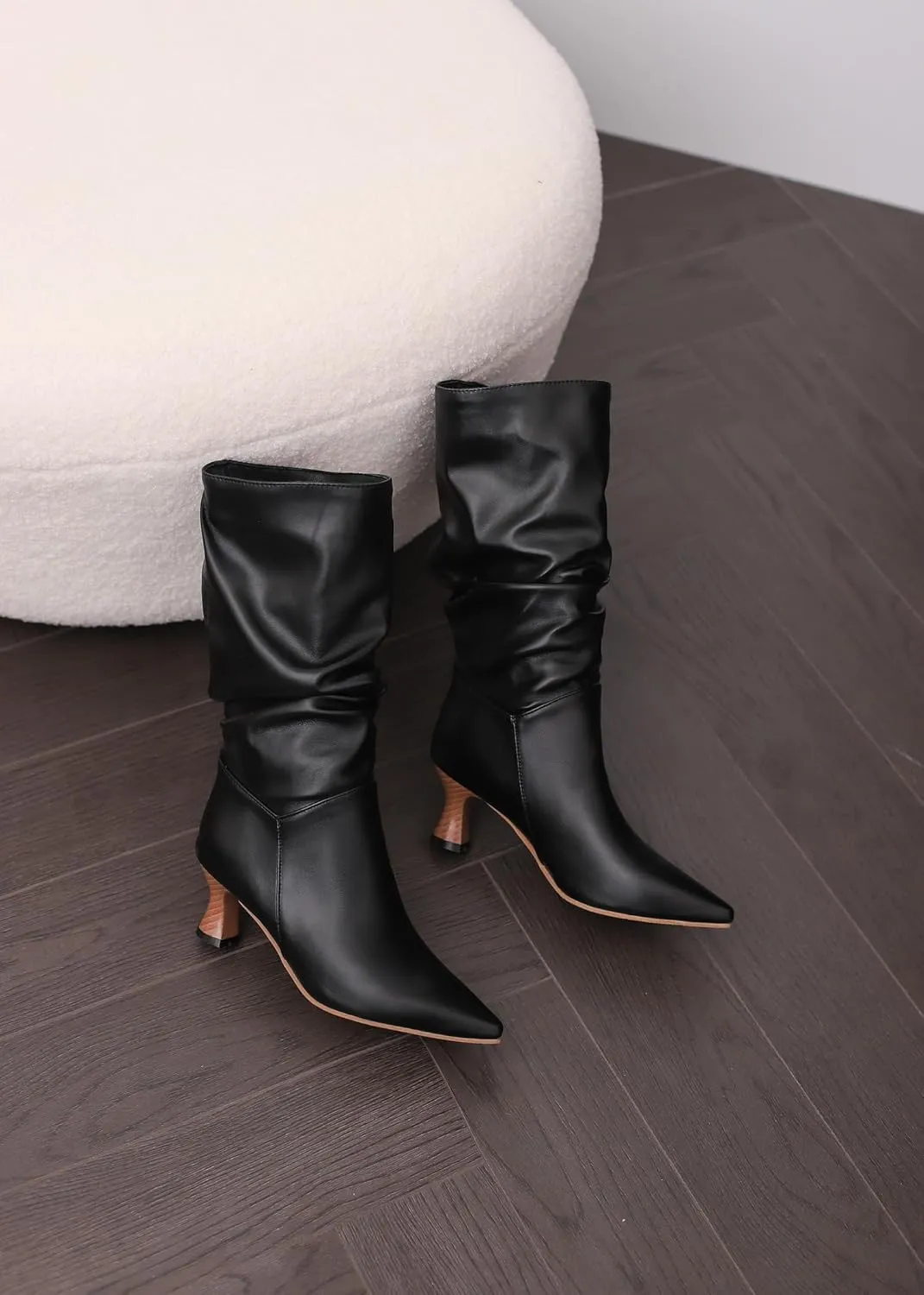 LISYIIZ Women's BS398 Classical Boots Closed Toe Comfort Pu Low Spool Mid Calf Boots