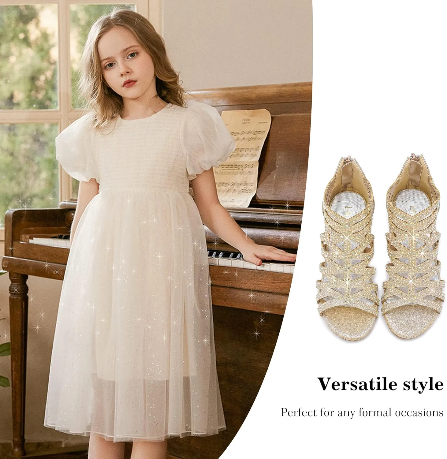 Little Girls Sandals High Heels Formal Shoes Open Toe Pump Sandals Glitter Party Wedding Shoes for Big Kids Toddler