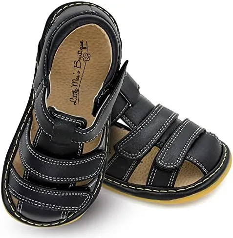 Little Mae's Boutique Black Closed Toe Squeaky sandals for Toddler Boys, Ideal Toddler Walking sandals with Removable Squeaker & Adjustable Strap - Soft Sole sandals for Little Boys (5)
