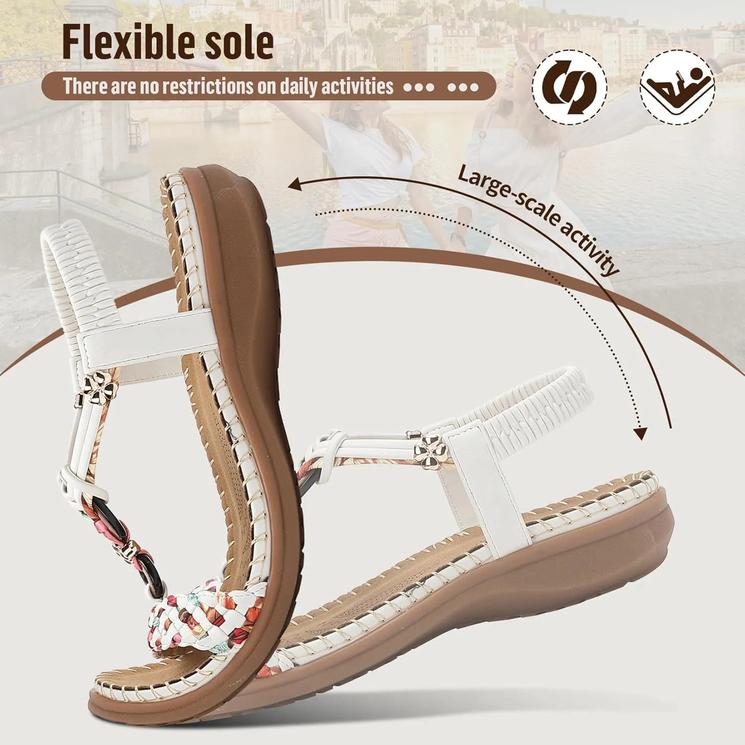 Littleplum Women Sandals Arch Support Handmade Bohemian Braided Flat Sandals Comfort Walking Beach Ankle Elastic Summer Shoes