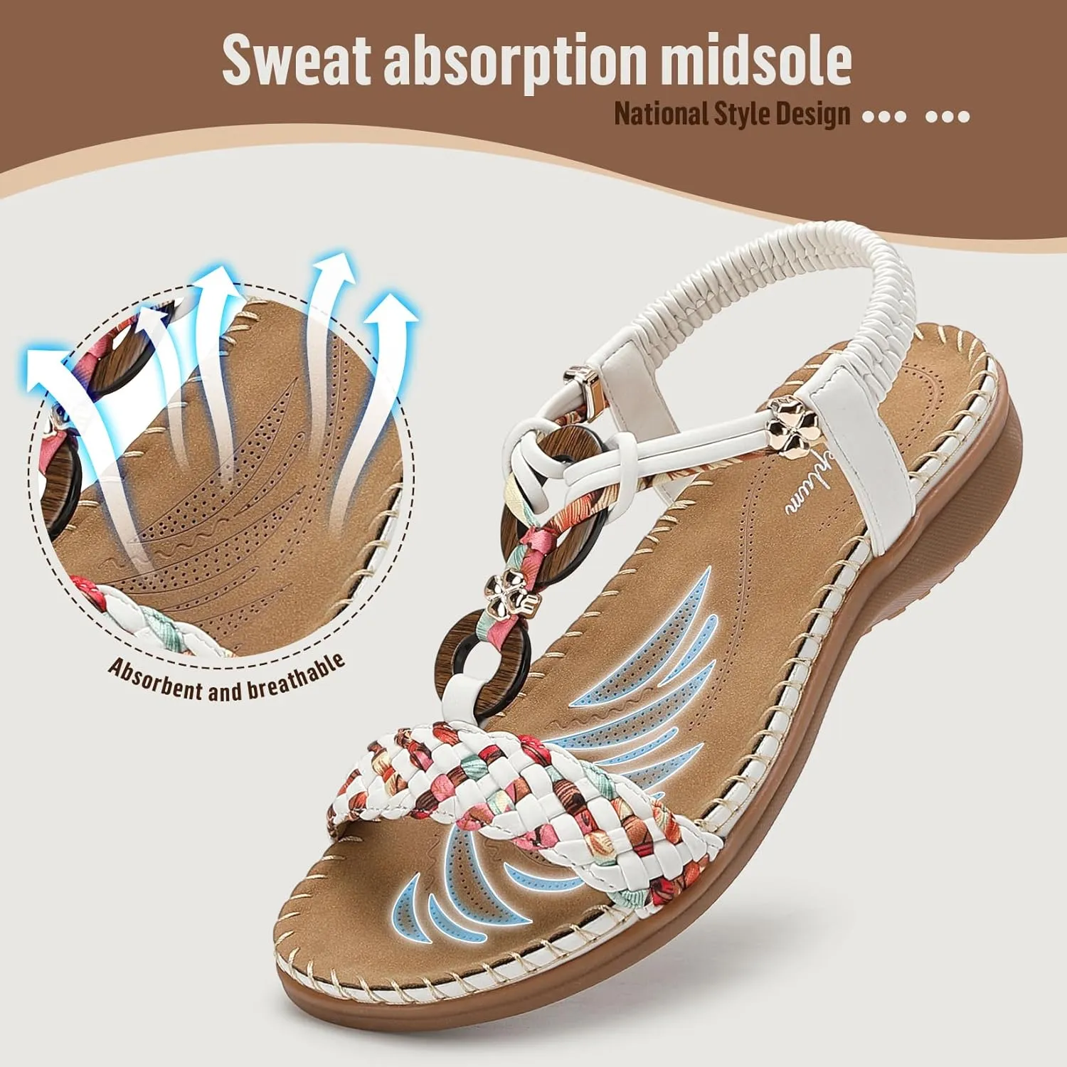 Littleplum Women Sandals Arch Support Handmade Bohemian Braided Flat Sandals Comfort Walking Beach Ankle Elastic Summer Shoes