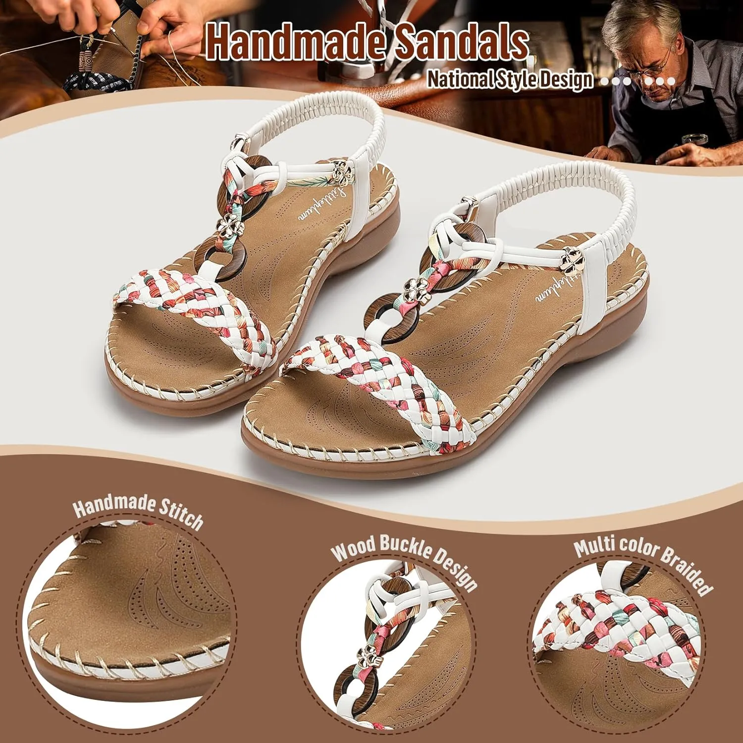 Littleplum Women Sandals Arch Support Handmade Bohemian Braided Flat Sandals Comfort Walking Beach Ankle Elastic Summer Shoes