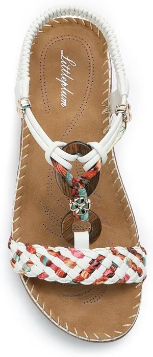 Littleplum Women Sandals Arch Support Handmade Bohemian Braided Flat Sandals Comfort Walking Beach Ankle Elastic Summer Shoes
