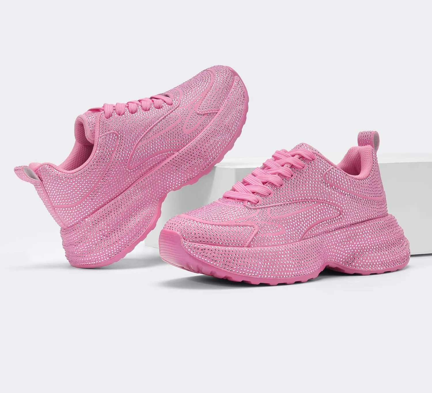 LUCKY STEP Rhinestone Chunky Sneakers for Women Fashion Platform Sparkly Dad Casual Shoes Lightweight Tennis Walking Sport Footwear