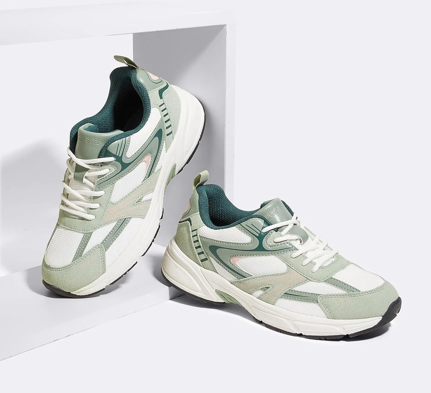 LUCKY STEP Women's Mesh Casual Fashion Sneakers Lace Up Lightweight Running Shoes Non Slip Breathable Chunky Shoes