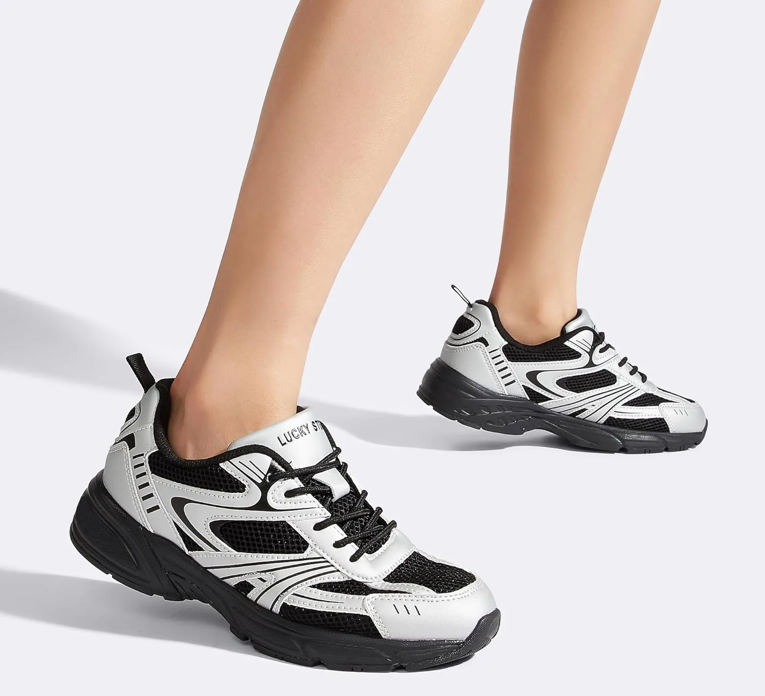 LUCKY STEP Women's Mesh Casual Fashion Sneakers Lace Up Lightweight Running Shoes Non Slip Breathable Chunky Shoes