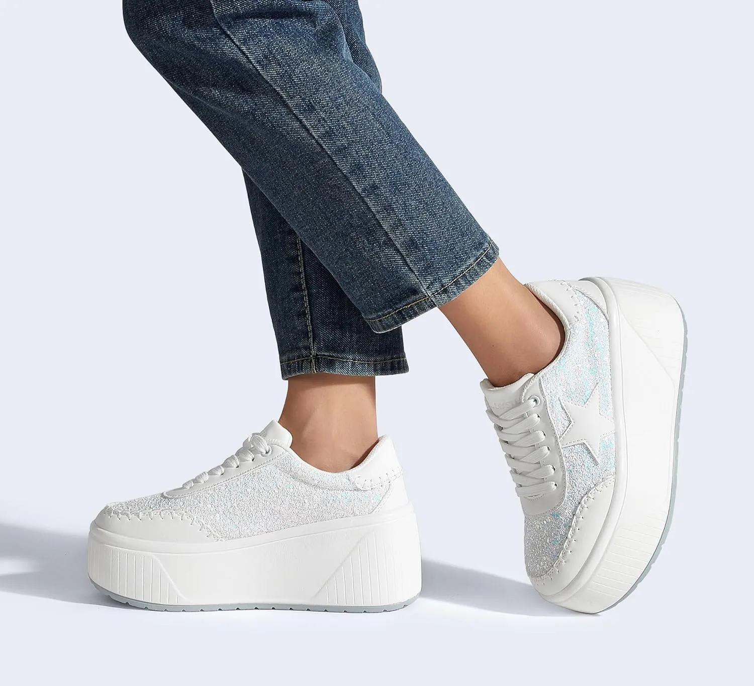 LUCKY STEP Women's Platform Chunky Sneakers Fashion Star Glitter Sparkly Wedge Walking Shoes High Heel Casual Shiny Thick Sole Footwear
