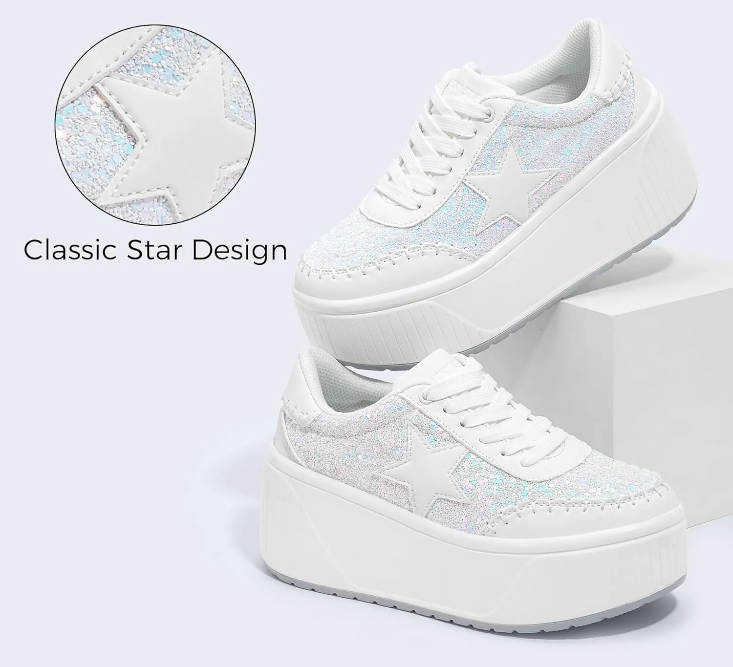 LUCKY STEP Women's Platform Chunky Sneakers Fashion Star Glitter Sparkly Wedge Walking Shoes High Heel Casual Shiny Thick Sole Footwear