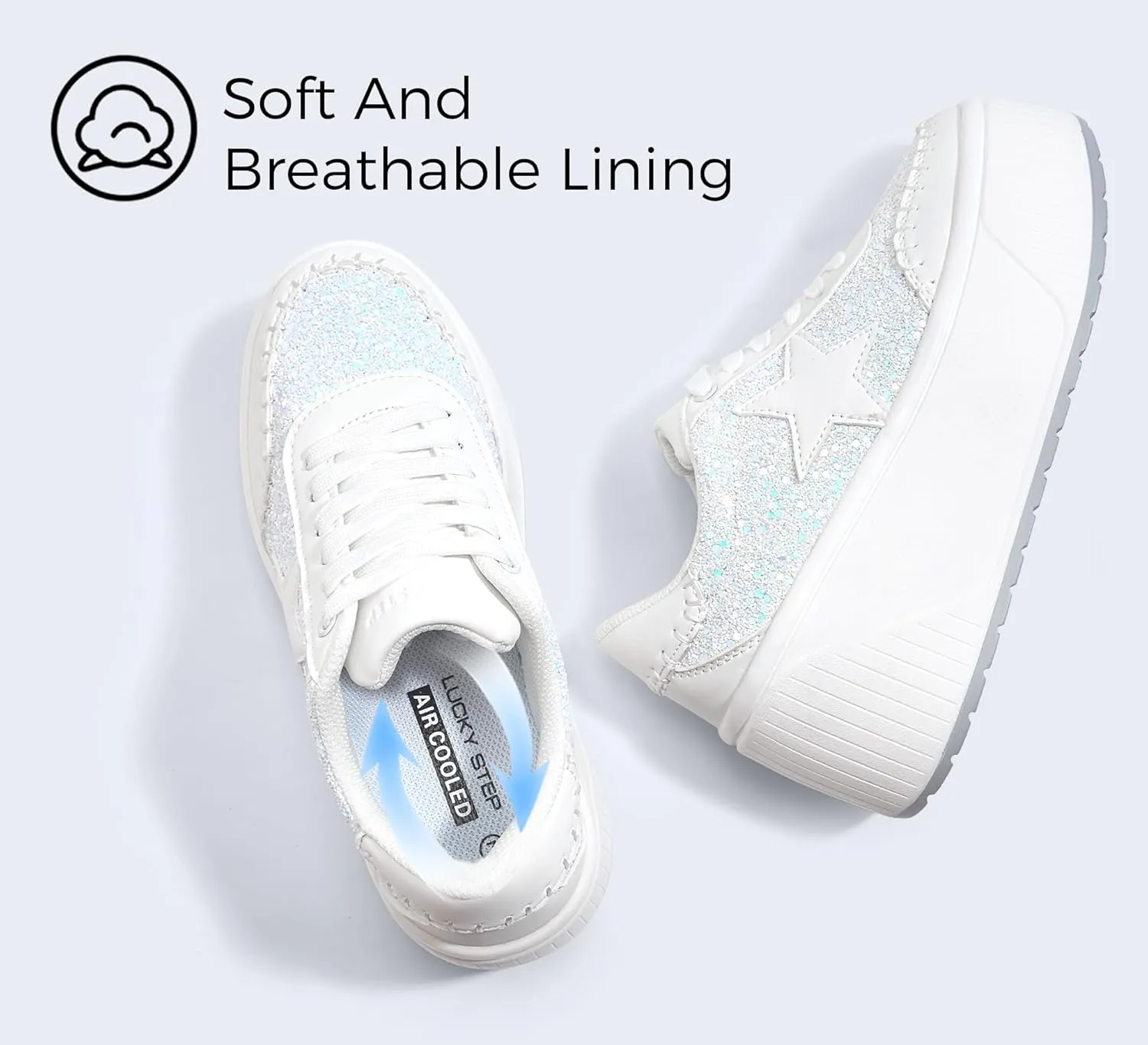 LUCKY STEP Women's Platform Chunky Sneakers Fashion Star Glitter Sparkly Wedge Walking Shoes High Heel Casual Shiny Thick Sole Footwear