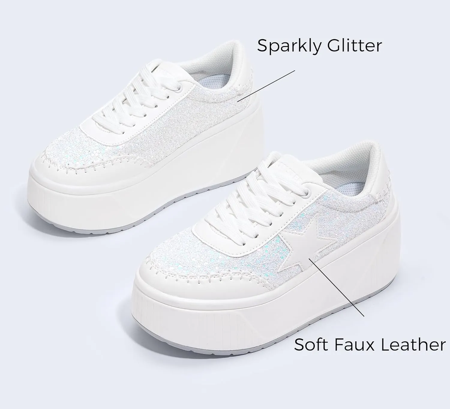 LUCKY STEP Women's Platform Chunky Sneakers Fashion Star Glitter Sparkly Wedge Walking Shoes High Heel Casual Shiny Thick Sole Footwear