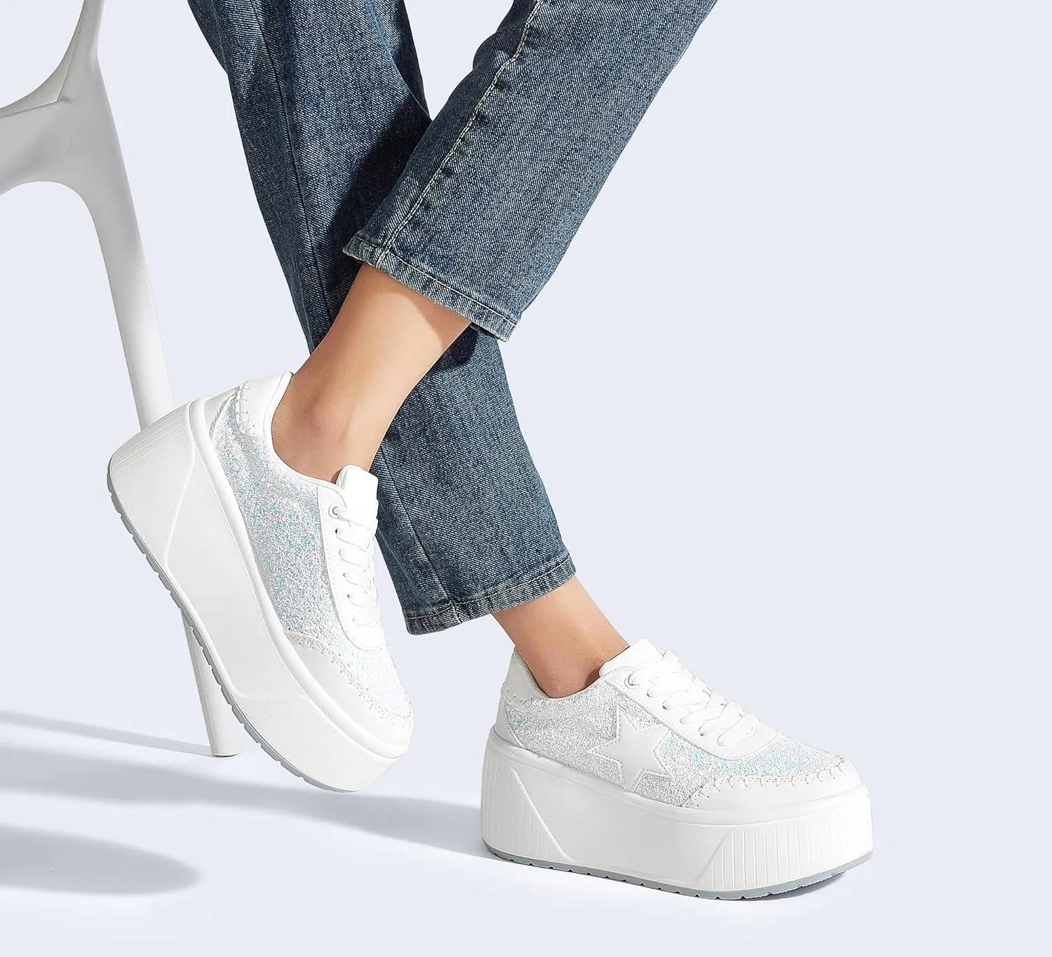 LUCKY STEP Women's Platform Chunky Sneakers Fashion Star Glitter Sparkly Wedge Walking Shoes High Heel Casual Shiny Thick Sole Footwear