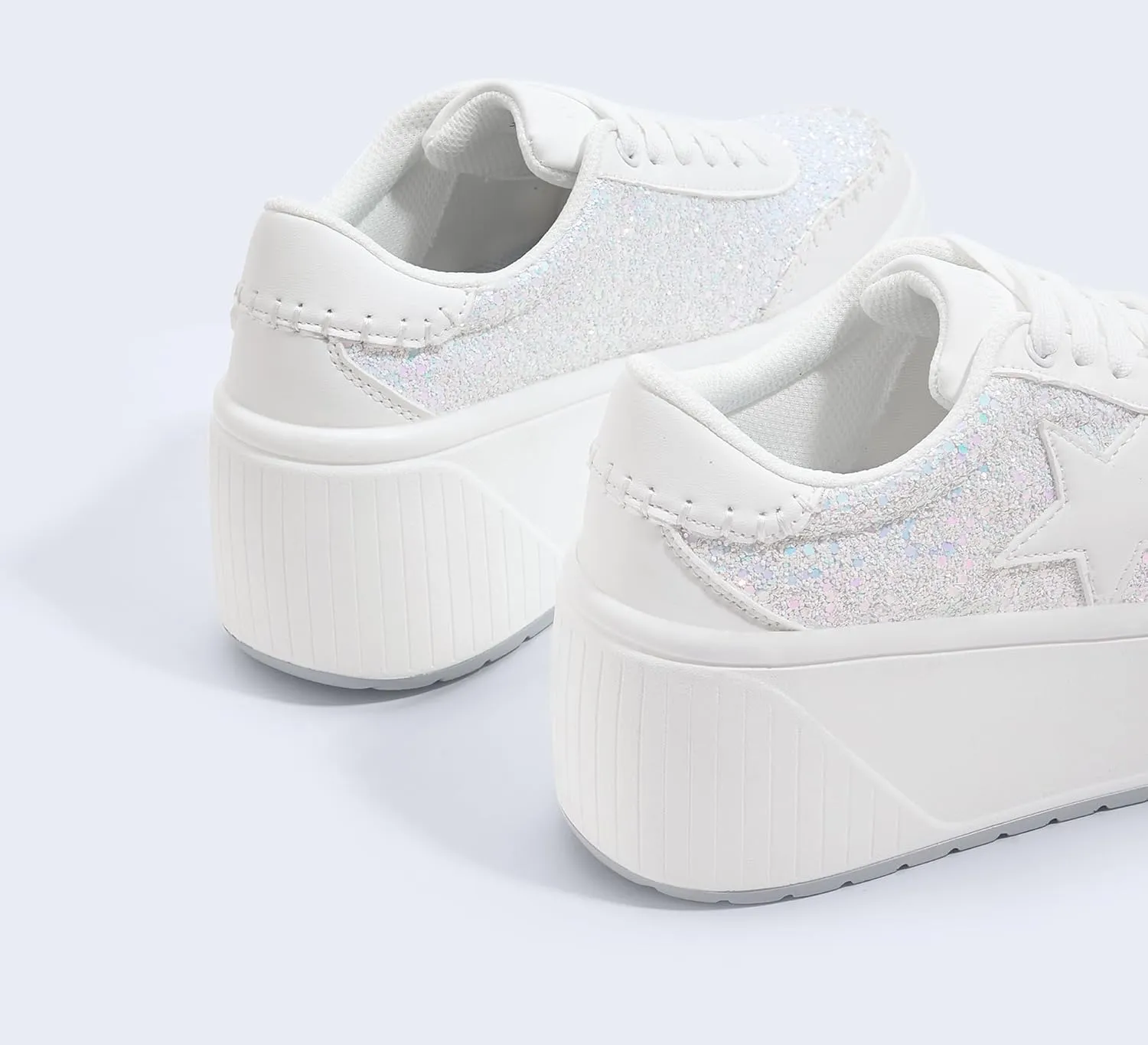 LUCKY STEP Women's Platform Chunky Sneakers Fashion Star Glitter Sparkly Wedge Walking Shoes High Heel Casual Shiny Thick Sole Footwear