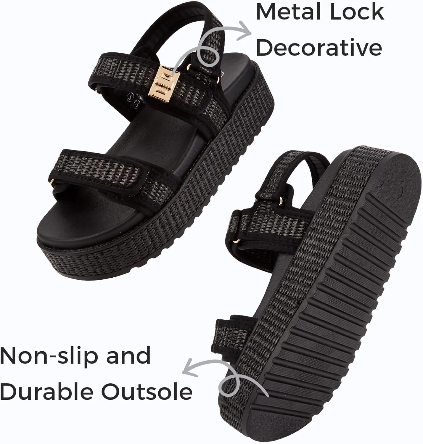 LUCKY STEP Women's Raffia Platform Wedge Sandals Open Toe Slingback Sandals Adjustable Double Strap Beach Sandals