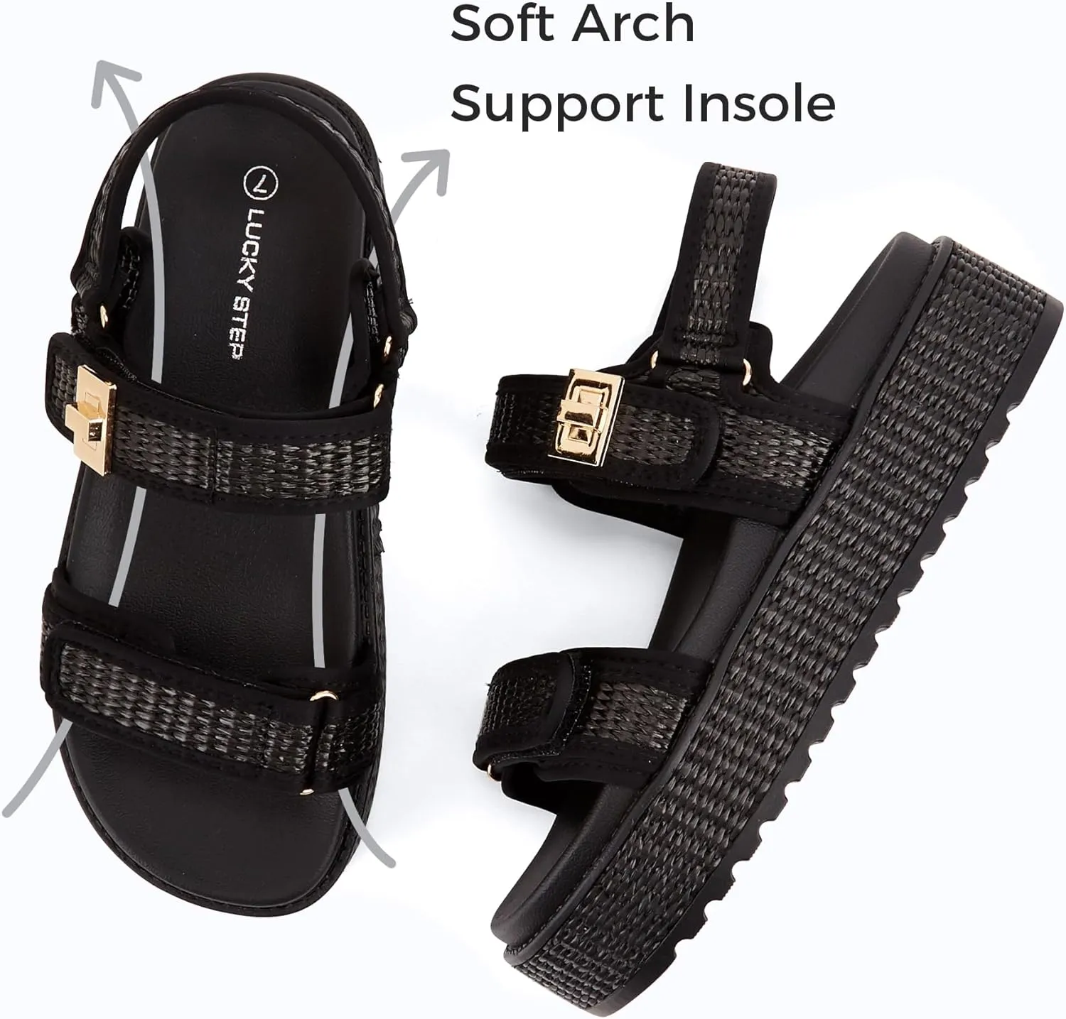 LUCKY STEP Women's Raffia Platform Wedge Sandals Open Toe Slingback Sandals Adjustable Double Strap Beach Sandals
