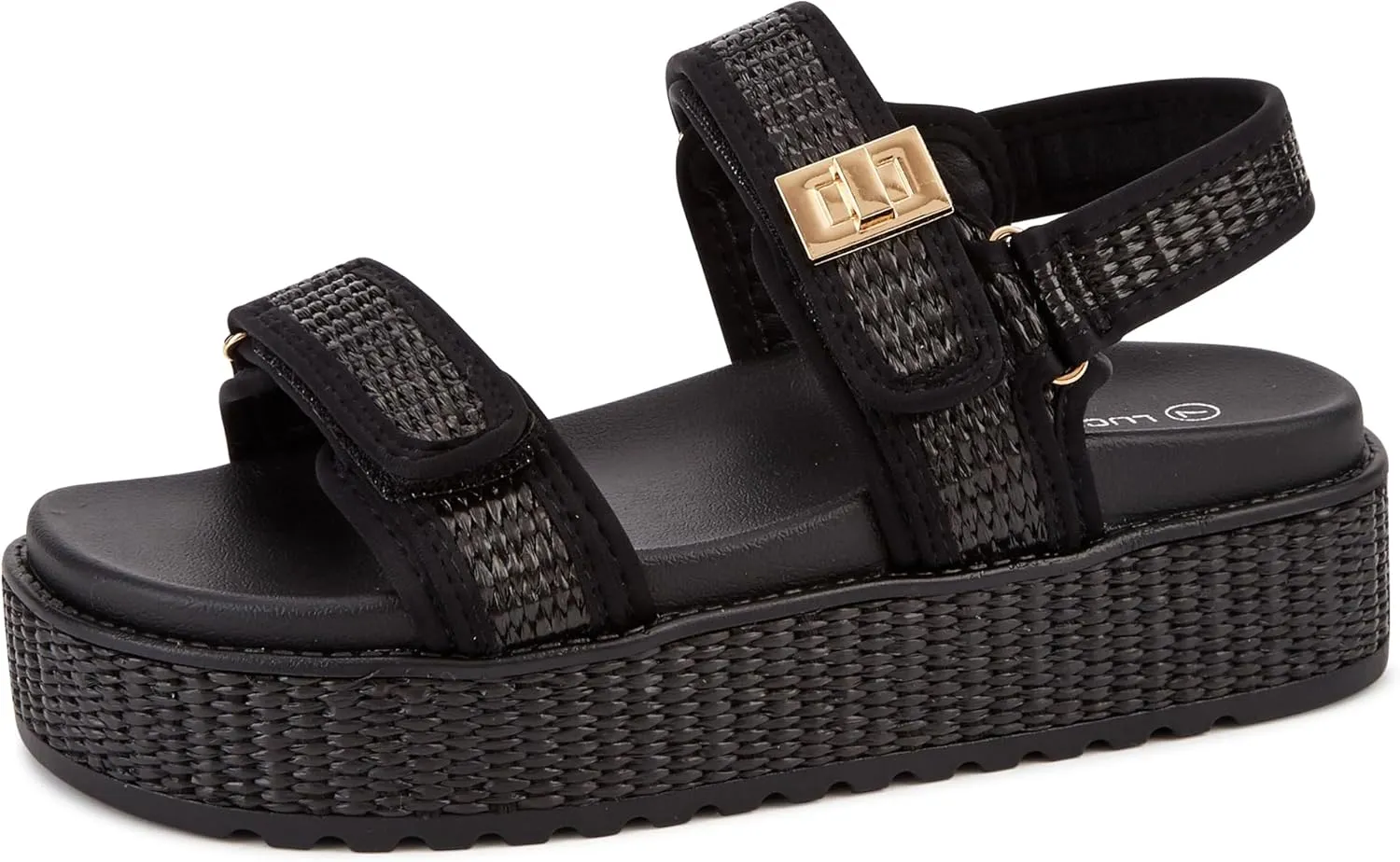 LUCKY STEP Women's Raffia Platform Wedge Sandals Open Toe Slingback Sandals Adjustable Double Strap Beach Sandals
