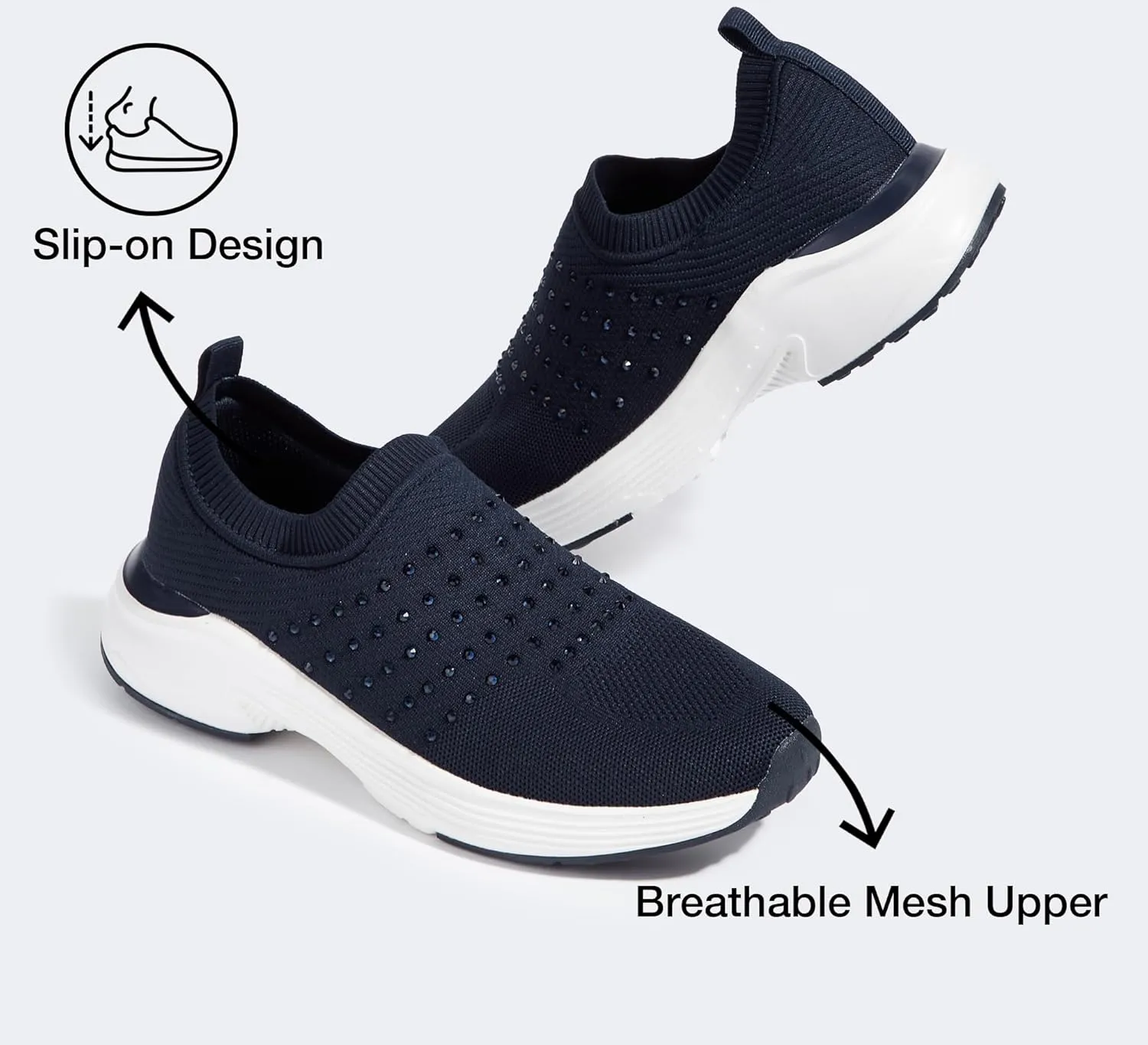 LUCKY STEP Women's Rhinestone Walking Shoes Lightweight Breathable Mesh Trainers Casual Slip On Sparkly Sneakers