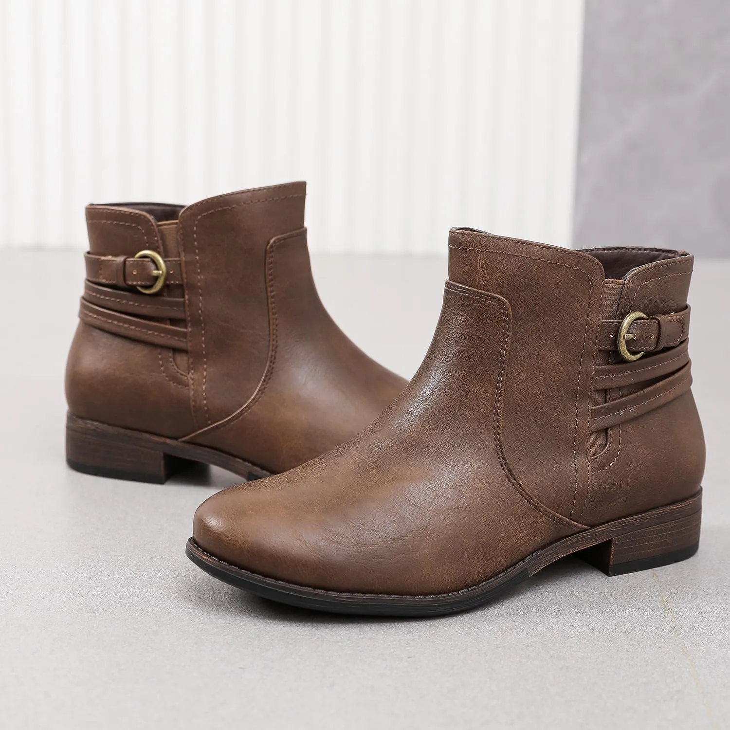 Luoika Women's Wide Width Ankle Boots - Black Brown Short Boots Block Low Heel Side Zipper Booties.