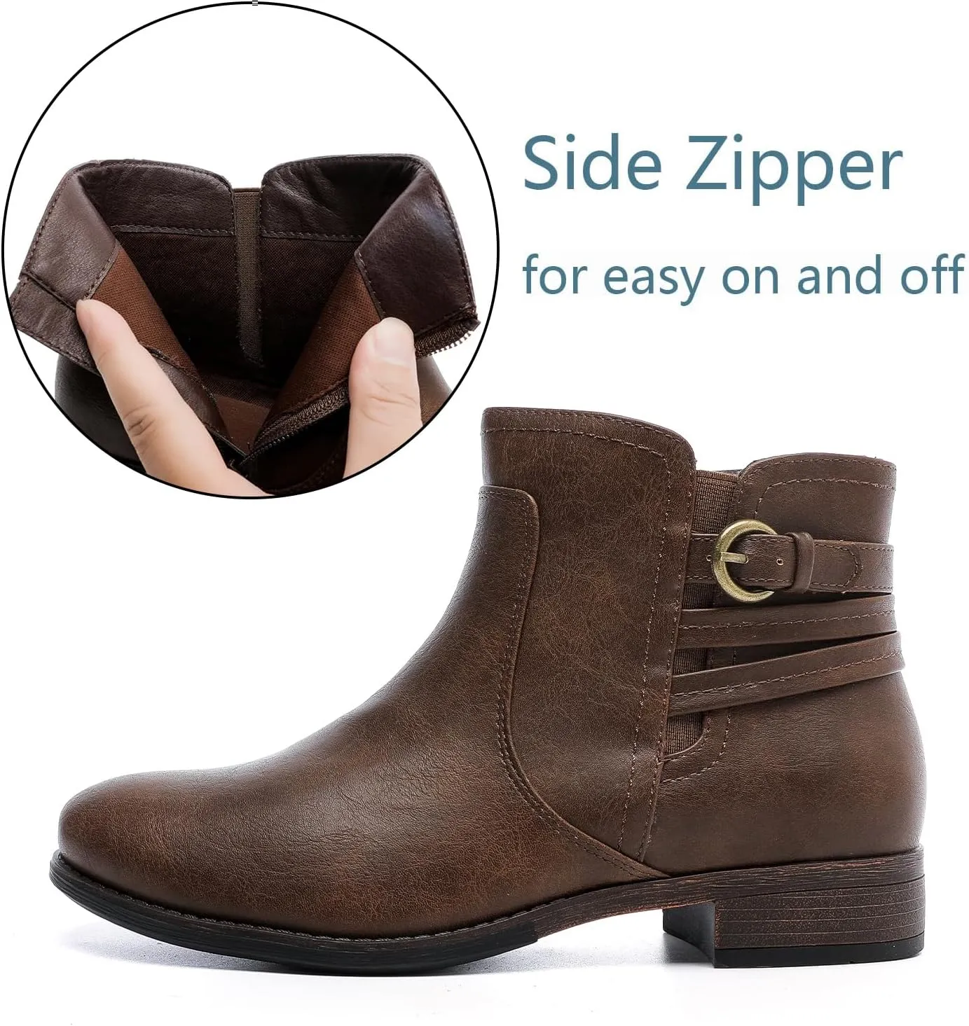 Luoika Women's Wide Width Ankle Boots - Black Brown Short Boots Block Low Heel Side Zipper Booties.