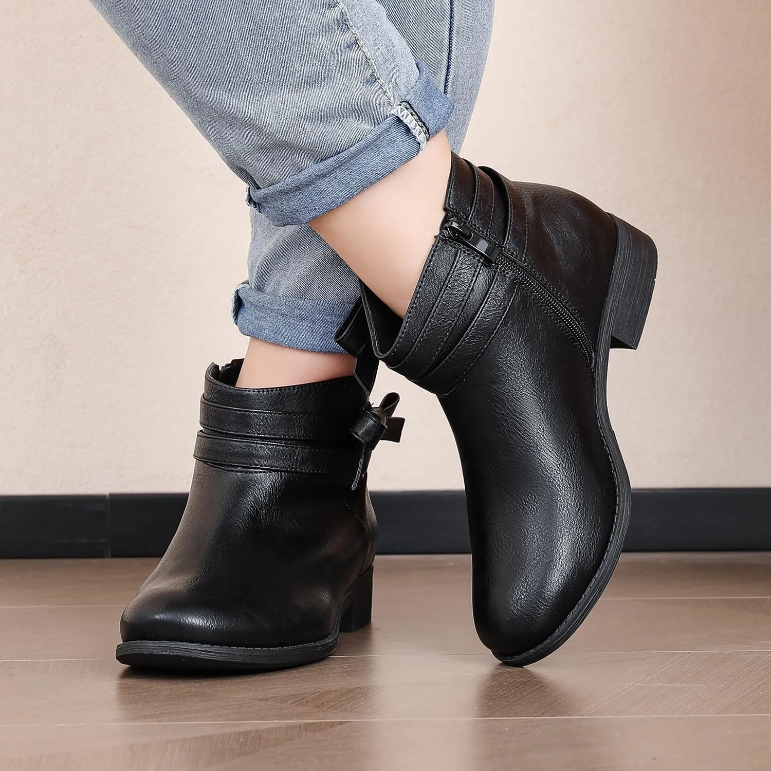 Luoika Women's Wide Width Ankle Boots - Black Brown Short Boots Block Low Heel Side Zipper Booties.