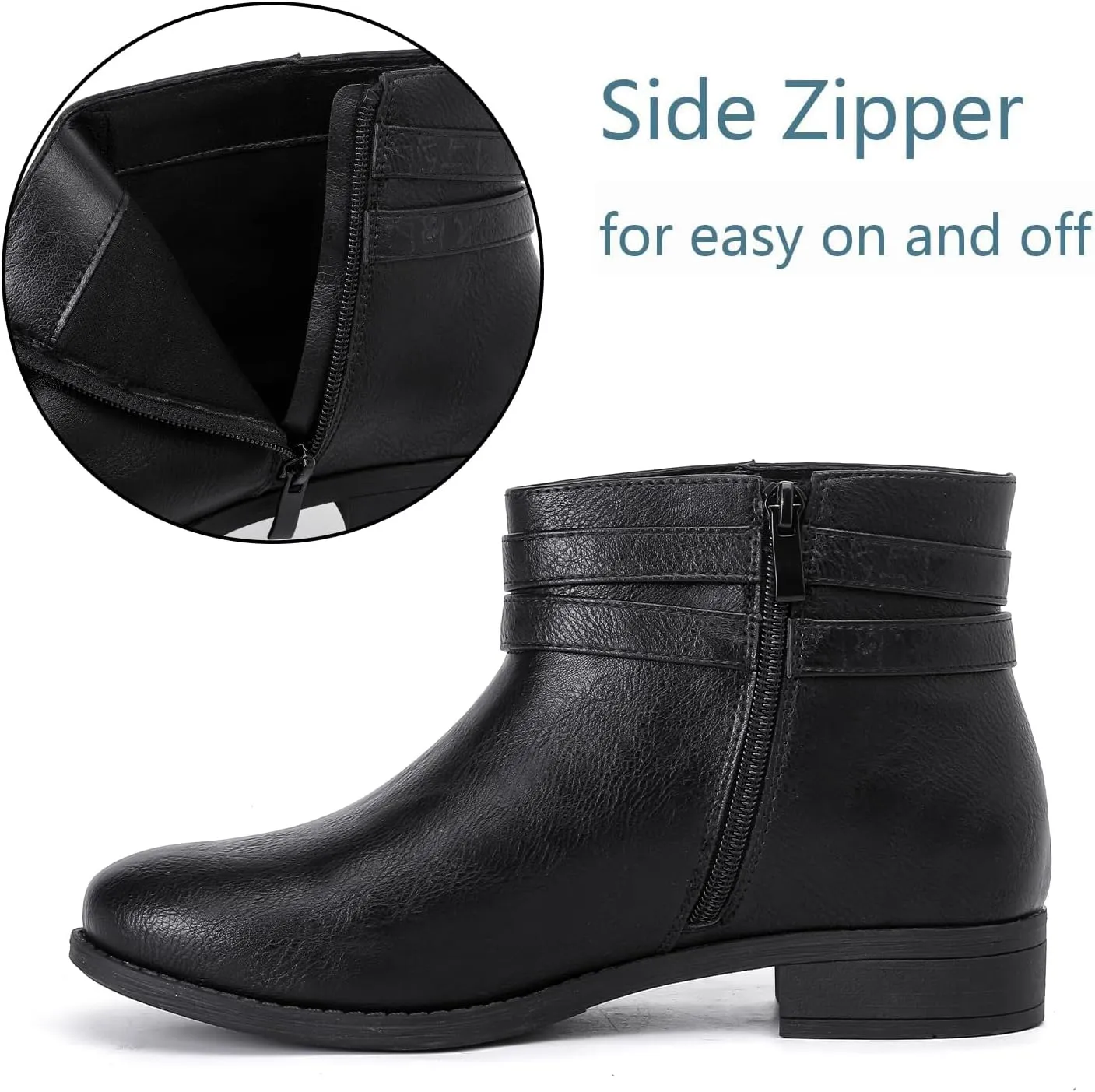 Luoika Women's Wide Width Ankle Boots - Black Brown Short Boots Block Low Heel Side Zipper Booties.
