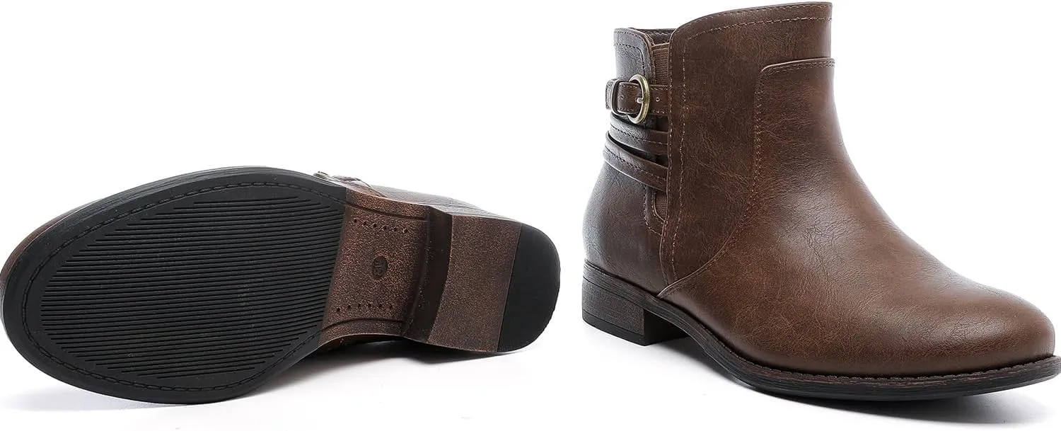 Luoika Women's Wide Width Ankle Boots - Black Brown Short Boots Block Low Heel Side Zipper Booties.