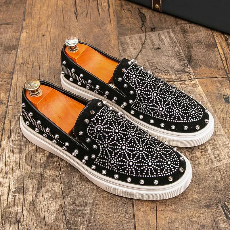 Luxury Men Tide Leather Casual Shoes Embroidery Twinkling Rhinestone Rivet Flat Shoes Leisure Sneakers Loafers