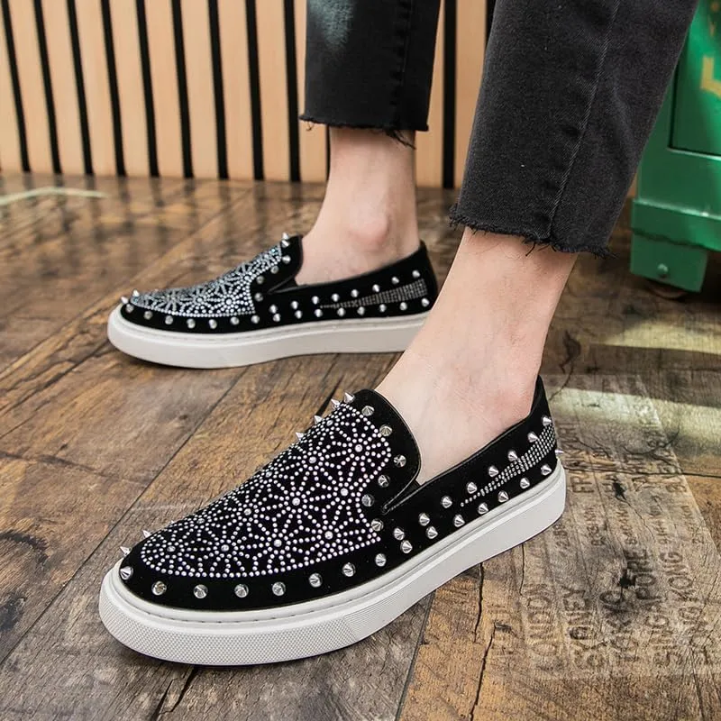 Luxury Men Tide Leather Casual Shoes Embroidery Twinkling Rhinestone Rivet Flat Shoes Leisure Sneakers Loafers