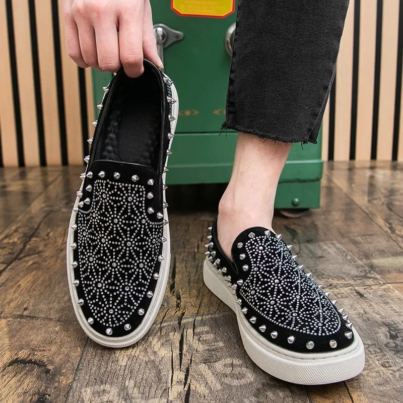 Luxury Men Tide Leather Casual Shoes Embroidery Twinkling Rhinestone Rivet Flat Shoes Leisure Sneakers Loafers