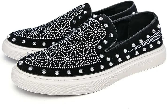 Luxury Men Tide Leather Casual Shoes Embroidery Twinkling Rhinestone Rivet Flat Shoes Leisure Sneakers Loafers