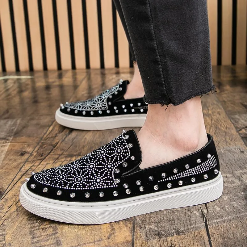 Luxury Men Tide Leather Casual Shoes Embroidery Twinkling Rhinestone Rivet Flat Shoes Leisure Sneakers Loafers