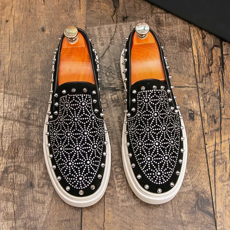 Luxury Men Tide Leather Casual Shoes Embroidery Twinkling Rhinestone Rivet Flat Shoes Leisure Sneakers Loafers