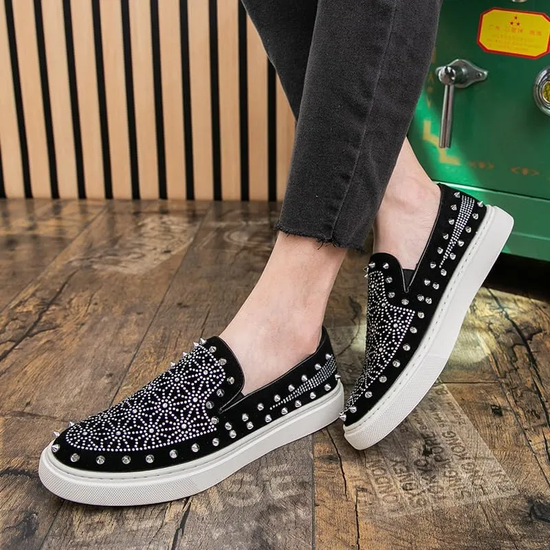 Luxury Men Tide Leather Casual Shoes Embroidery Twinkling Rhinestone Rivet Flat Shoes Leisure Sneakers Loafers
