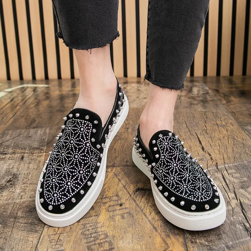 Luxury Men Tide Leather Casual Shoes Embroidery Twinkling Rhinestone Rivet Flat Shoes Leisure Sneakers Loafers