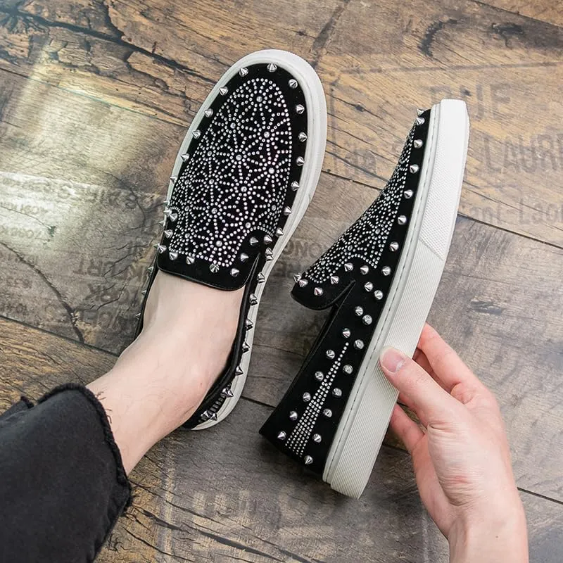 Luxury Men Tide Leather Casual Shoes Embroidery Twinkling Rhinestone Rivet Flat Shoes Leisure Sneakers Loafers