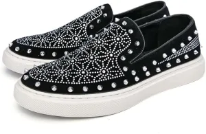 Luxury Men Tide Leather Casual Shoes Embroidery Twinkling Rhinestone Rivet Flat Shoes Leisure Sneakers Loafers