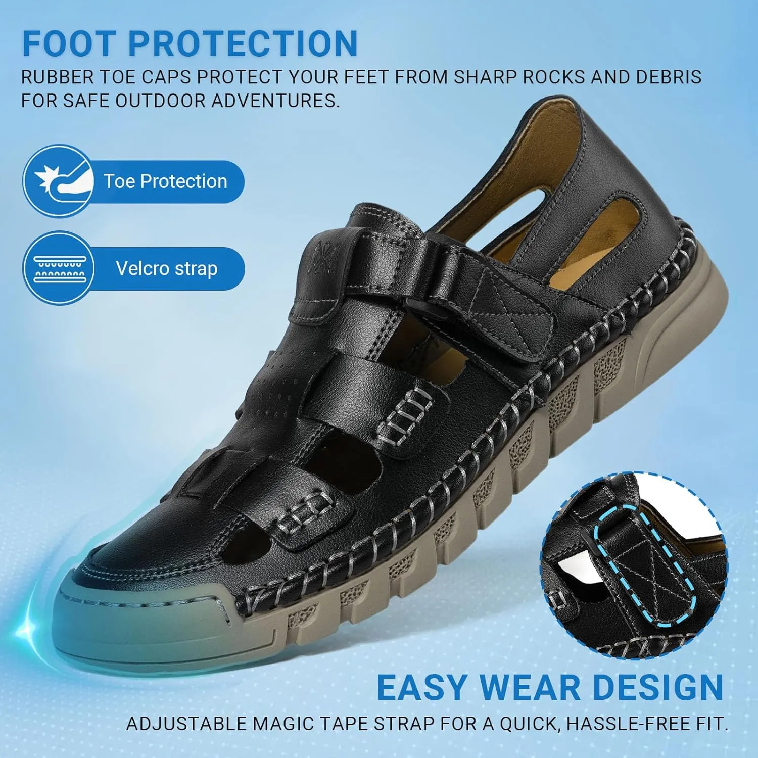 MAIZUN Men's Leather Sandals Summer Closed Toe Sandal Outdoor Fisherman Beach Shoes Hiking Walking Shoes for Adjustable Breathable