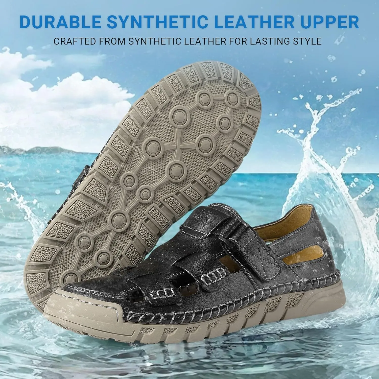 MAIZUN Men's Leather Sandals Summer Closed Toe Sandal Outdoor Fisherman Beach Shoes Hiking Walking Shoes for Adjustable Breathable