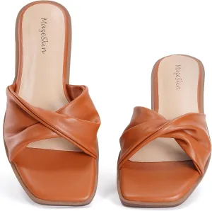 mazeskin Women's Dressy Slide Sandals Square Toe Comfortable Memory Foam Leather Summer Flat Sandals