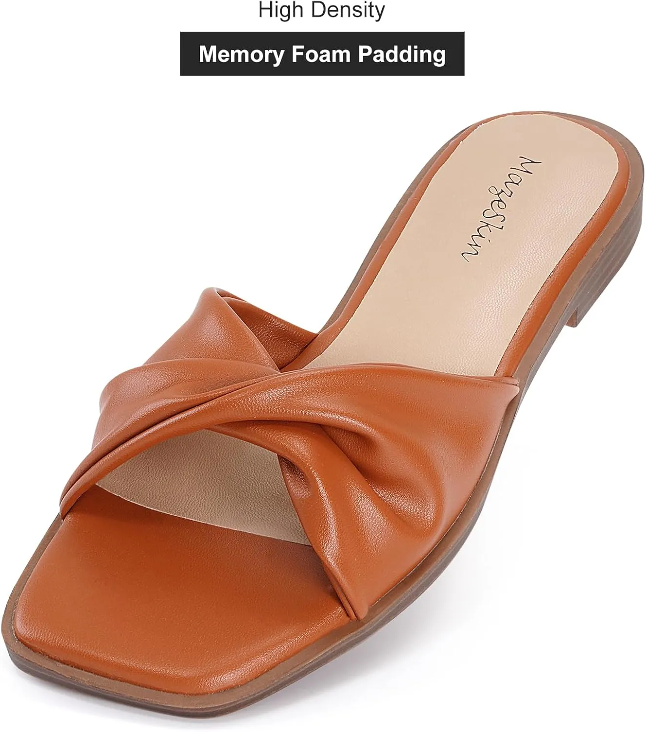 mazeskin Women's Dressy Slide Sandals Square Toe Comfortable Memory Foam Leather Summer Flat Sandals