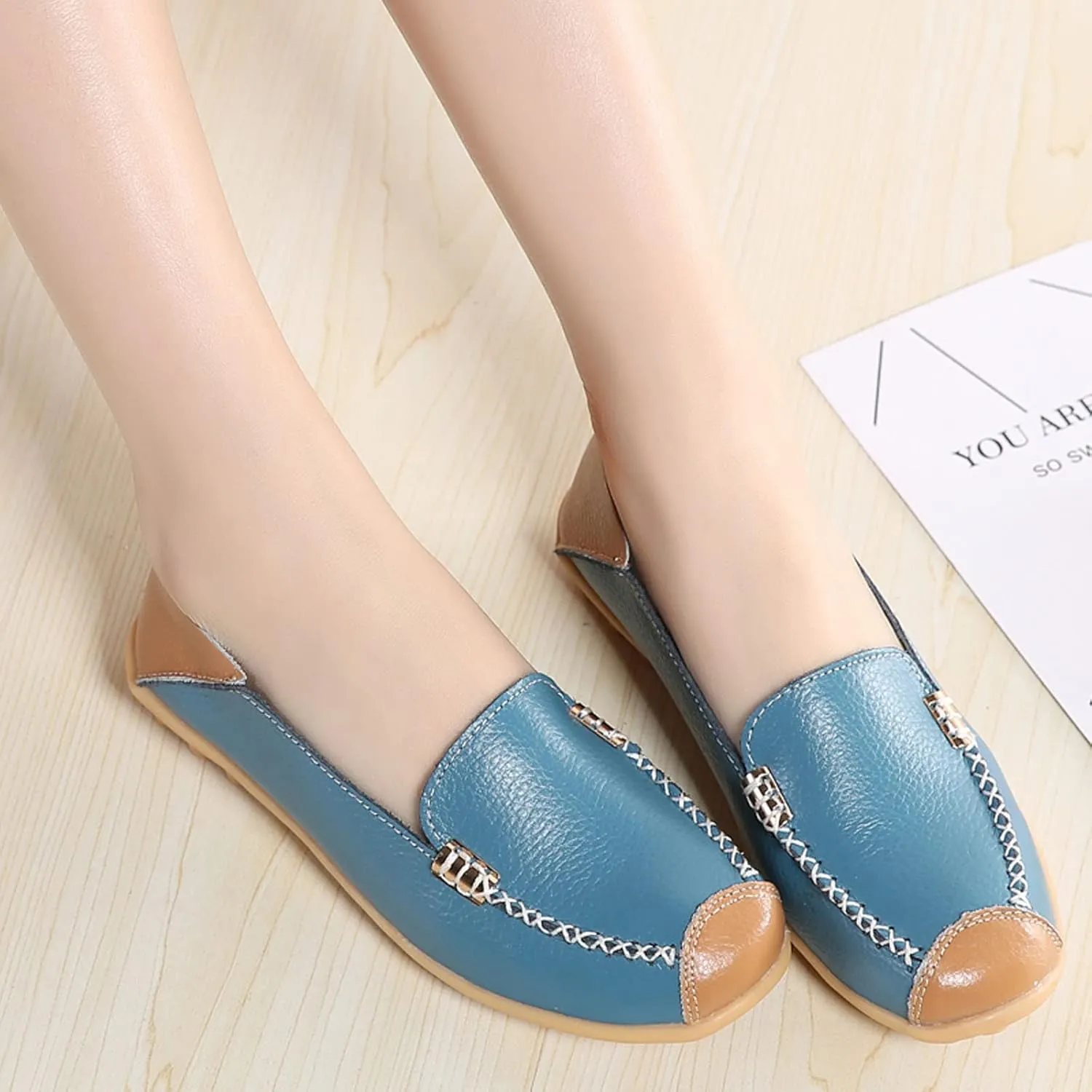 Meidiastra Womens Leather Loafers Slip On Flats Driving Shoes Working Fashion Round Toe Moccasins Wild Walking Flat Pumps Shoes