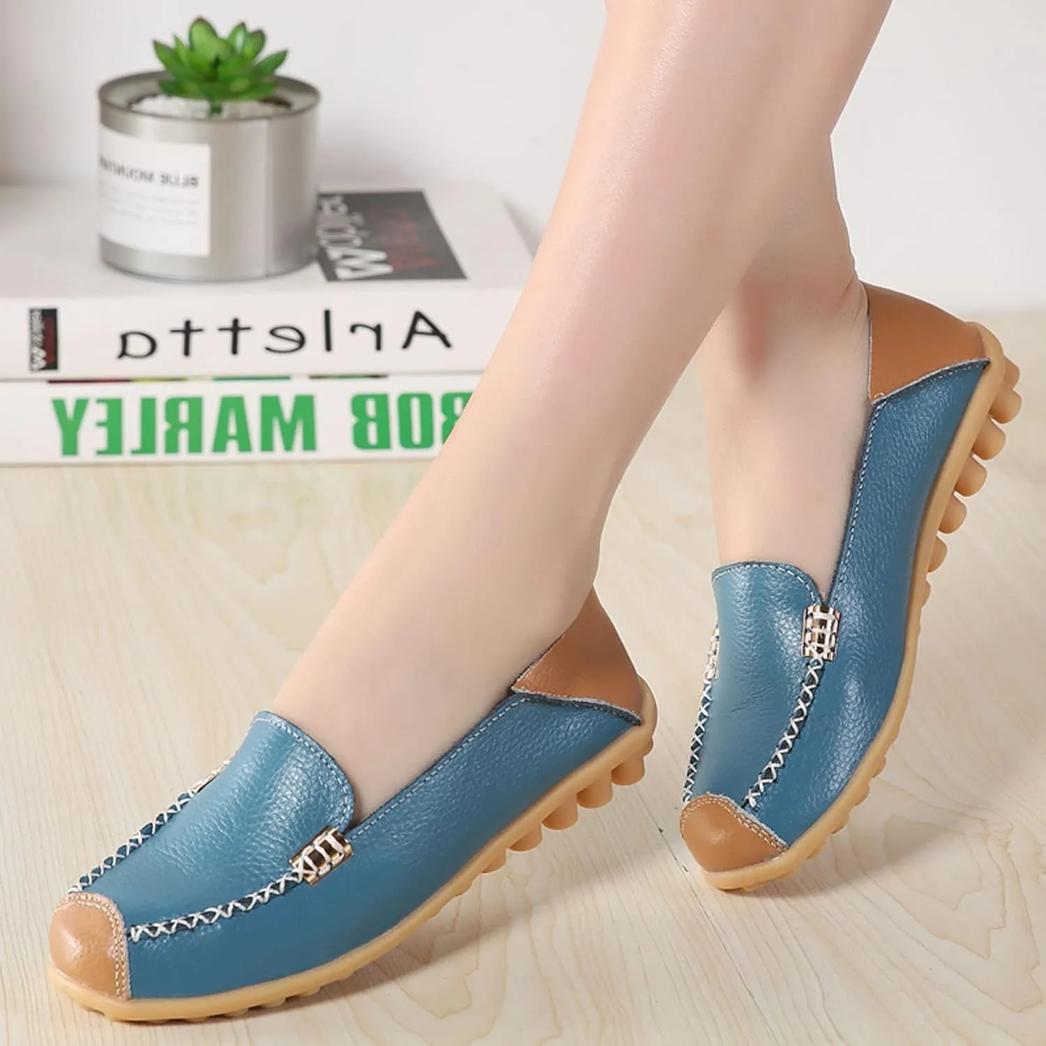 Meidiastra Womens Leather Loafers Slip On Flats Driving Shoes Working Fashion Round Toe Moccasins Wild Walking Flat Pumps Shoes