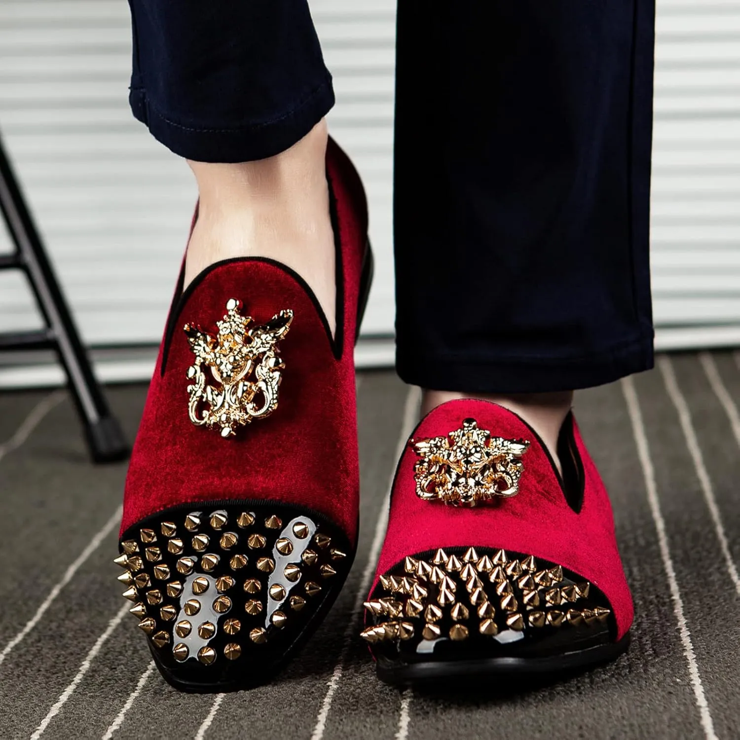 Meijiana Mens Velvet Loafers Dress Shoes with Metal Embellishments Party Luxury Loafer Shoes
