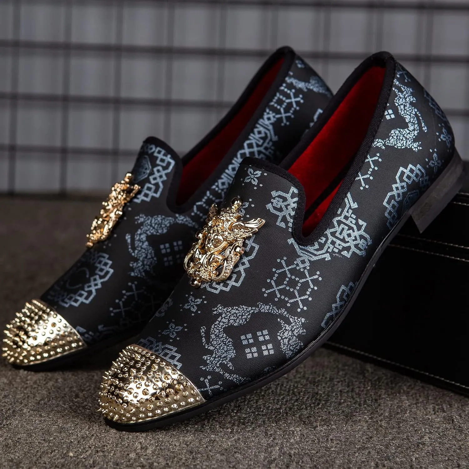 Meijiana Mens Velvet Loafers Dress Shoes with Metal Embellishments Party Luxury Loafer Shoes