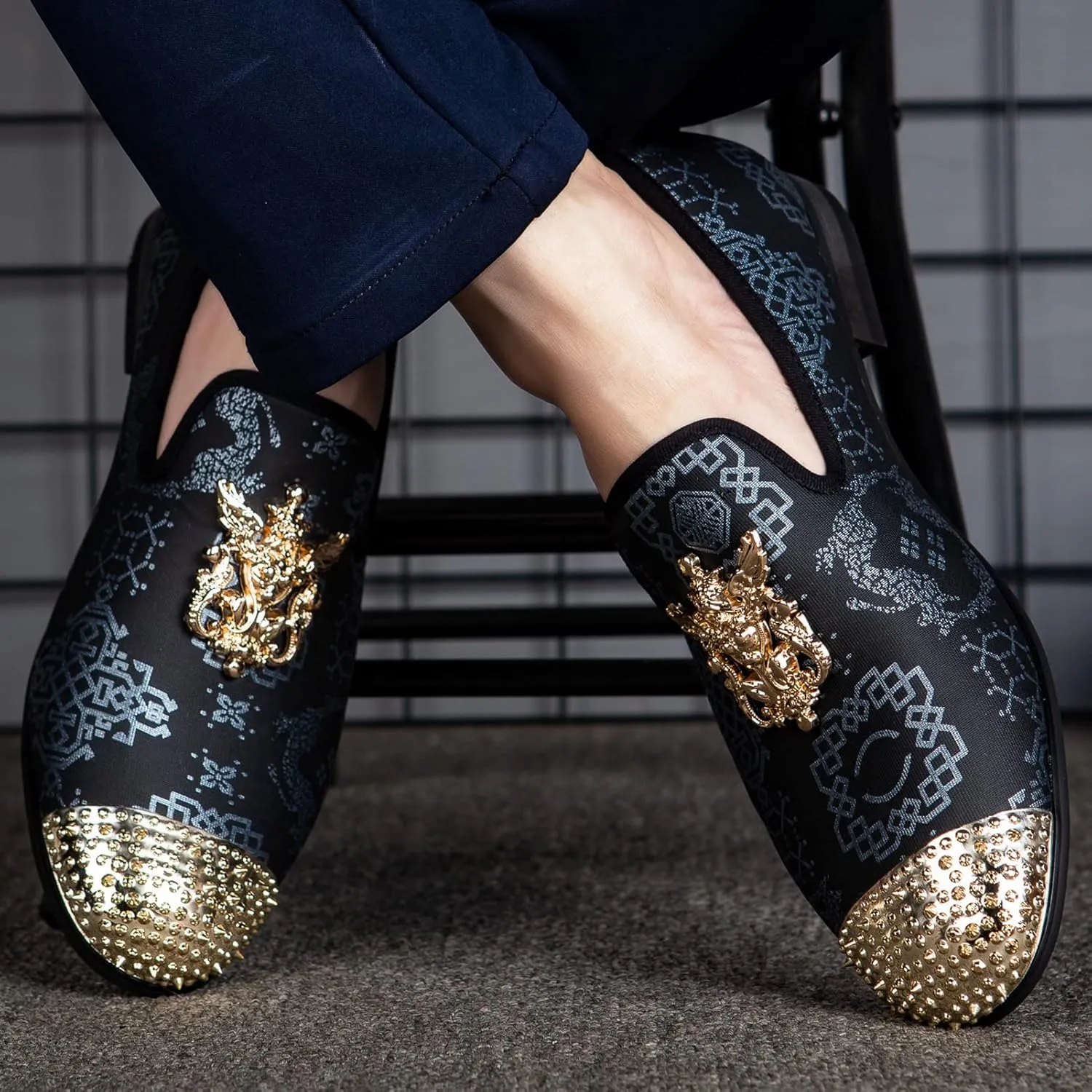 Meijiana Mens Velvet Loafers Dress Shoes with Metal Embellishments Party Luxury Loafer Shoes
