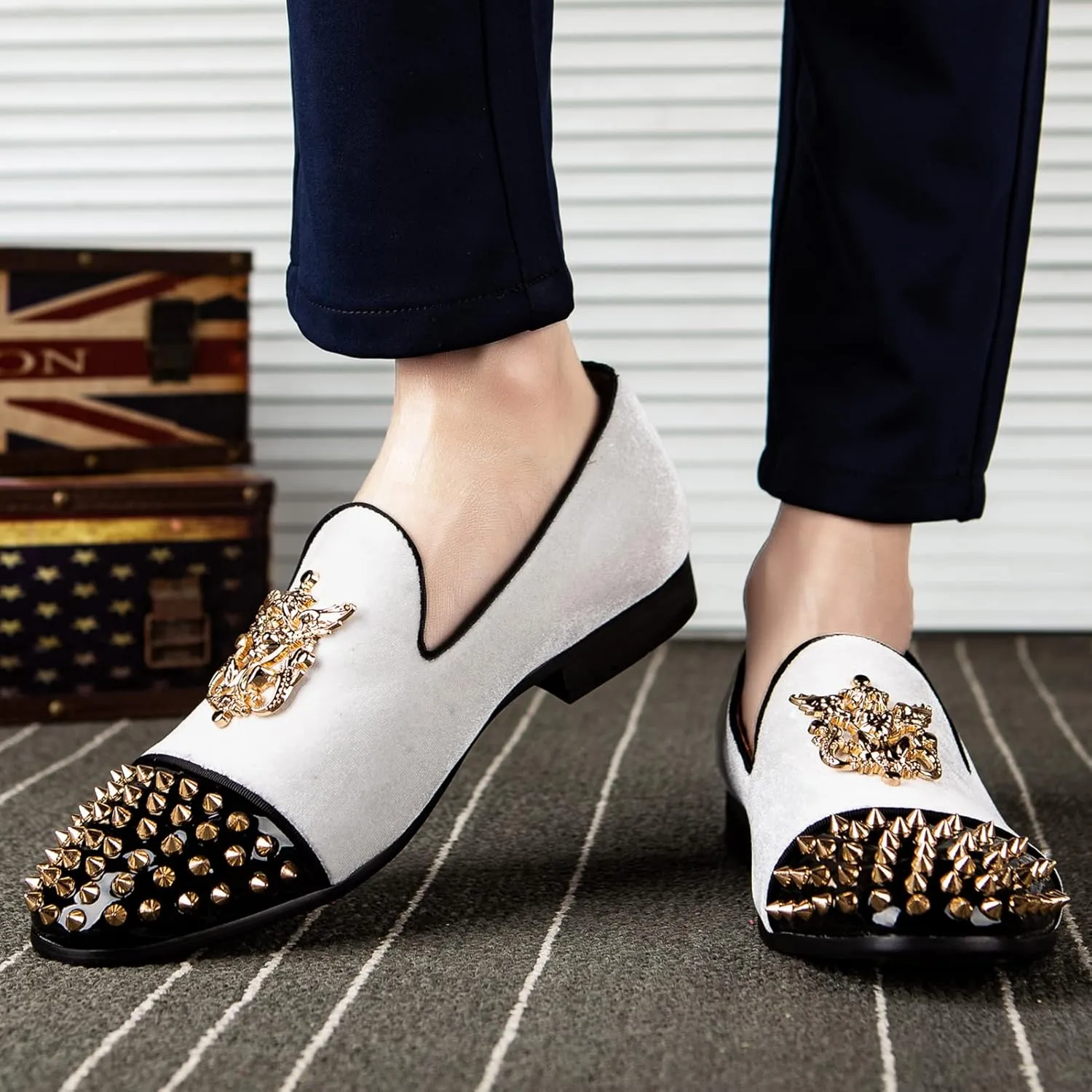 Meijiana Mens Velvet Loafers Dress Shoes with Metal Embellishments Party Luxury Loafer Shoes